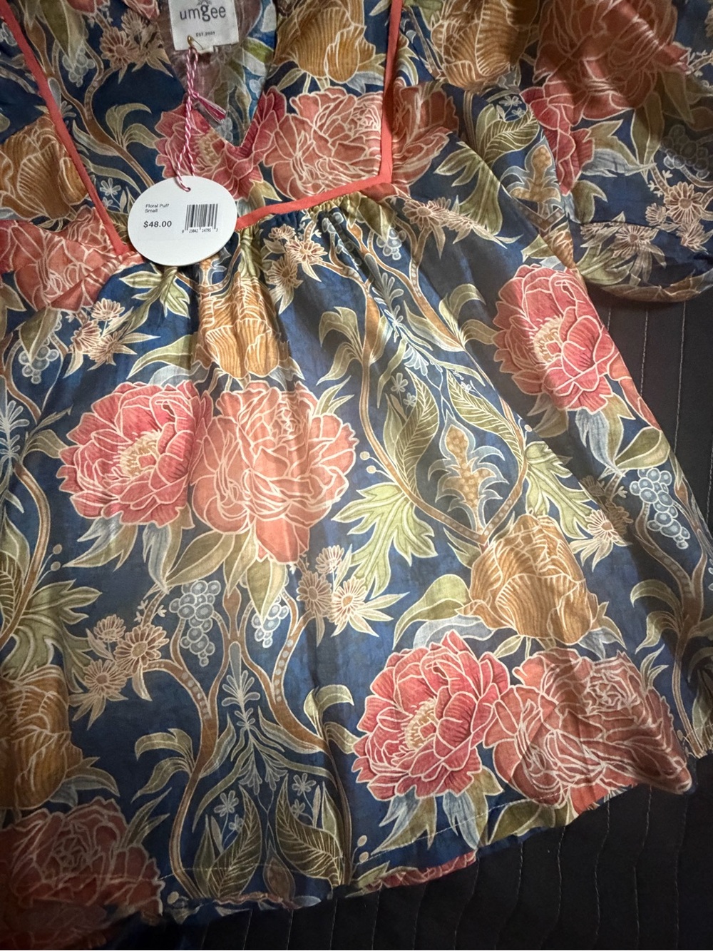 Umgee women’s Navy/Gray Floral Top - Pink & Mustard Blooms - Picture 4 of 5
